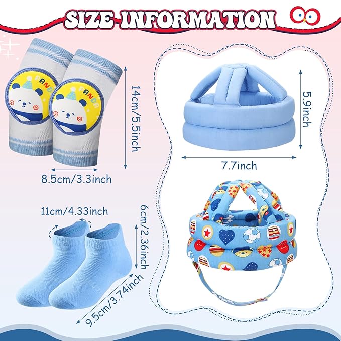 Panitay 15 Pcs Baby Safety Helmet Infant Walking Harness with Anti Slip Knee Pads for Crawling Toddler Socks 2 No Bumps Baby Head Protector Adjustable Walking Assistant(Blue,Owl)
