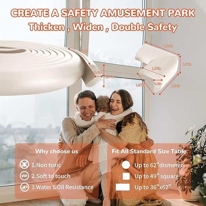 Baby Proofing Edge and Corner Guards, Safety 3M Pre-Taped Furniture Bumper, Rice White, Heavy-Duty (Rice White, 6.5 Feet + 4 Corner)