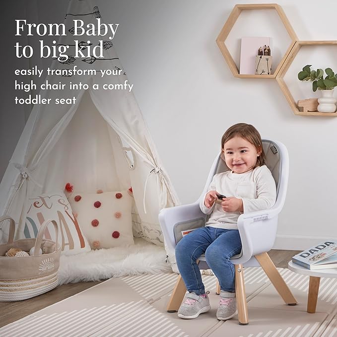 évolur Zoodle 3-in-1 High Chair in Light Grey | Convertible Wooden Baby Feeding Chair with Dishwasher Safe Removable Tray, Adjustable Footrest, Padded Cushion, 5-Point Harness for Infants & Toddlers