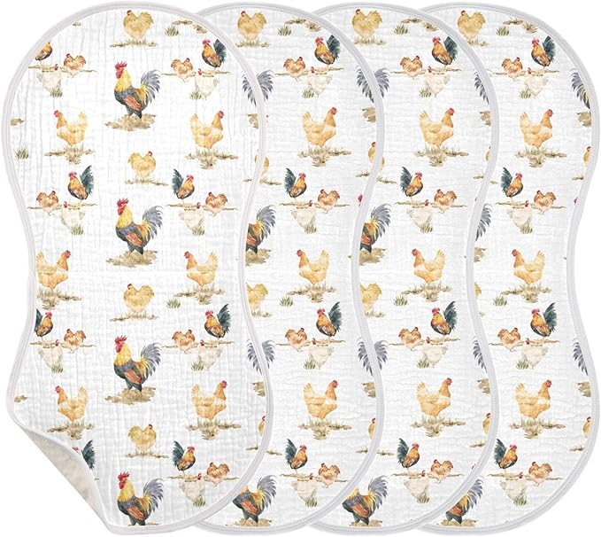 Muslin Burp Cloths for Baby Boys and Girls - 4-Pack Ultra Absorbent Rustic Retro Chickens Rooster Muslin Washcloths, Newborn Towel, Milk Spit Up Rags, Burp Cloth Bib for Unisex, 22 x 11 Inch