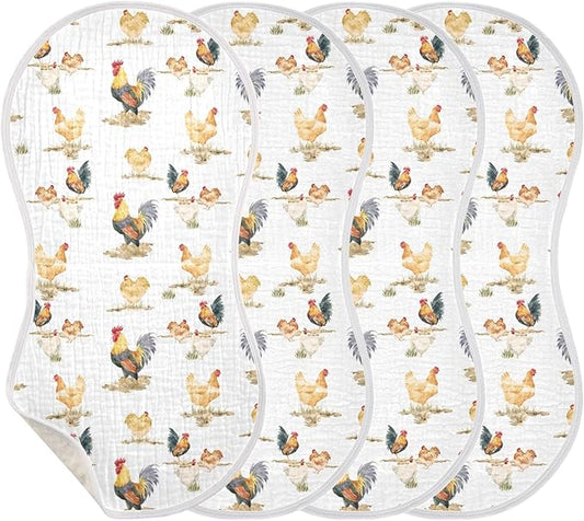 Muslin Burp Cloths for Baby Boys and Girls - 4-Pack Ultra Absorbent Rustic Retro Chickens Rooster Muslin Washcloths, Newborn Towel, Milk Spit Up Rags, Burp Cloth Bib for Unisex, 22 x 11 Inch