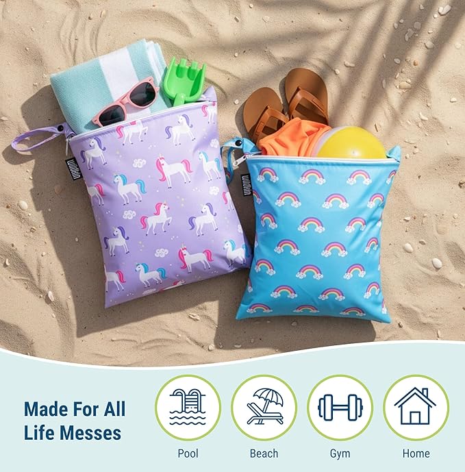 Wildkin Wet Bag Set for Boys, & Girls – Durable Zipper with Snap Loop Handle, Reusable Water-Resistant Bags for Beach, Pool, Travel & Gym - Unicorn