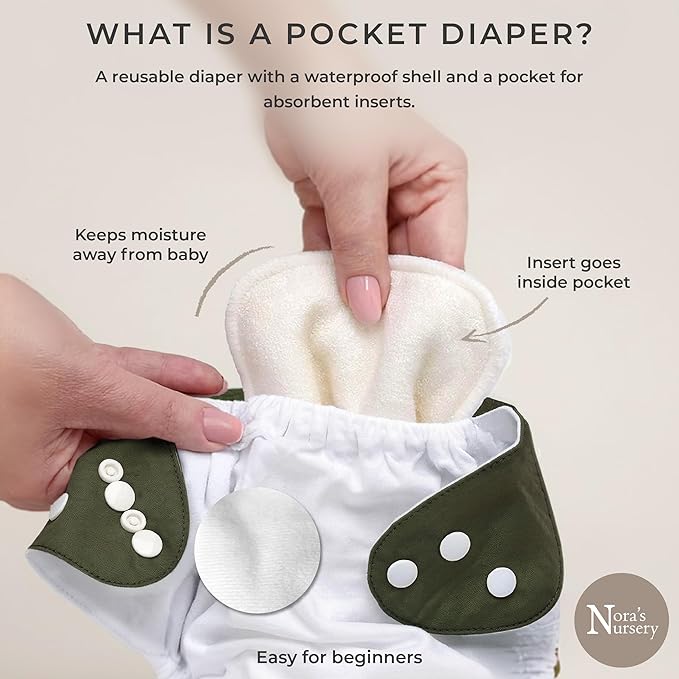 Nora's Nursery Cloth Diapers for Babies (Down to Earth) – 7 Adjustable Baby Reusable Diapers, 7 Inserts & 1 Wet Bag From Newborns to Toddlers – One-Size Pocket No-Leak, Washable Design to Reduce Waste