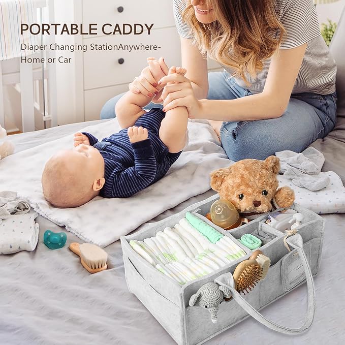 GEMII Diaper Caddy Organizer-Large Baby Caddy Organizer with Handle, Newborn Registry Essentials, Baby Shower Basket Gifts for Boys or Girls (Gray, Large)
