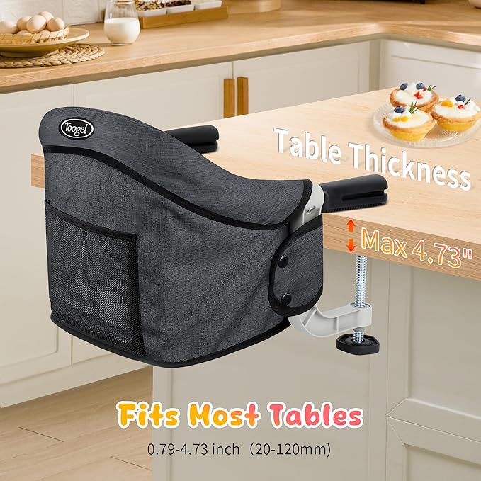 Hook On High Chair for Babies 6-36 Months | Secure & Portable Foldable Travel High Chair | Clip On Baby Feeding Seat with Non-Slip Aluminum Clamp, Detachable Washable Cover & Carry Bag (Black)