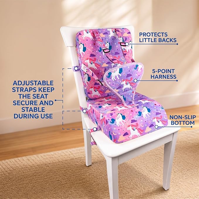Toddler Booster Seat for Dining Table & Kitchen Chair with Backrest & 5-Point Harness - Portable Kids Booster Seat, Waterproof & Easy to Clean, Adjustable, Non-Slip, Lightweight (Pink Horse)