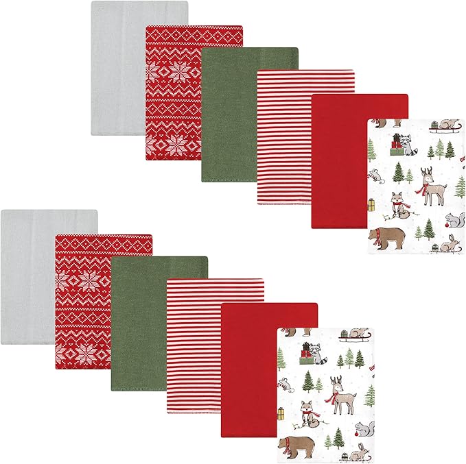 Hudson Baby Unisex Baby Cotton Flannel Burp Cloths Bundle, Christmas Forest, One Size
