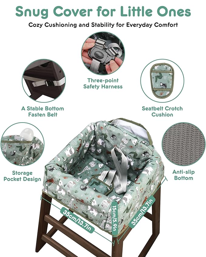 Baby High Chair Cover Restaurant with Strap Pads & 3-Point Harness, Machine Washable, Waterproof Portable Highchair Covers for Eating, Travel, Home Use - Fits Wooden Chairs, Green Dinosaurs