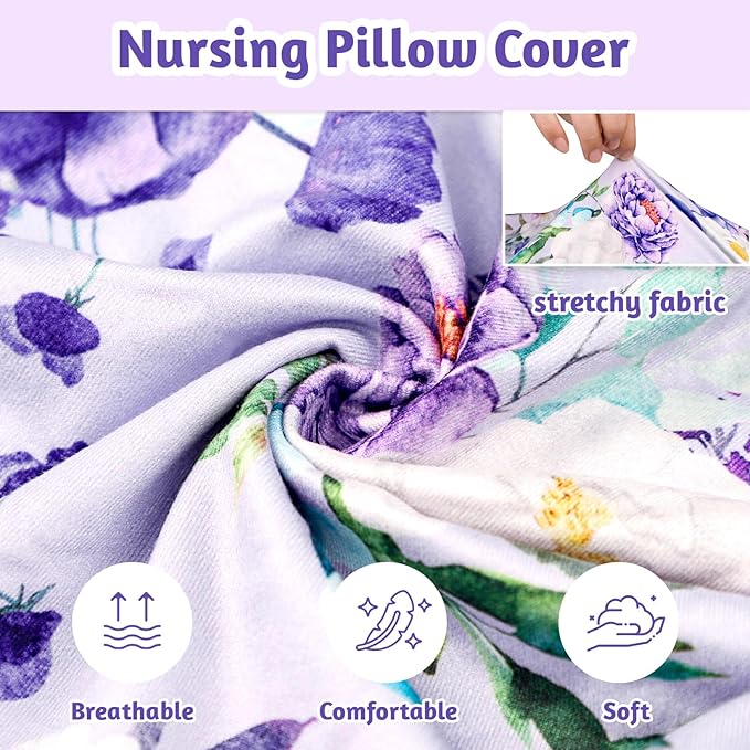 Floral Nursing Pillow Cover, Soft Breastfeeding Pillow Cover Purple, Removable Nursing Covers for Breastfeeding Pillows, Comfortable Slipcover for Baby Girl (Only Case)