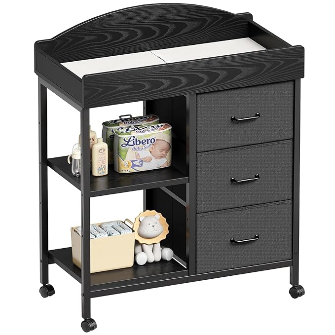 YeTom Changing Table Dresser, Baby Dresser with 3 Fabric Drawers and 2 Shelves, Multi-Functional Baby Changing Table with Pad, Classic Nursery Dresser, Diaper Changing Station for Nursery, Black