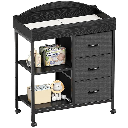 YeTom Changing Table Dresser, Baby Dresser with 3 Fabric Drawers and 2 Shelves, Multi-Functional Baby Changing Table with Pad, Classic Nursery Dresser, Diaper Changing Station for Nursery, Black
