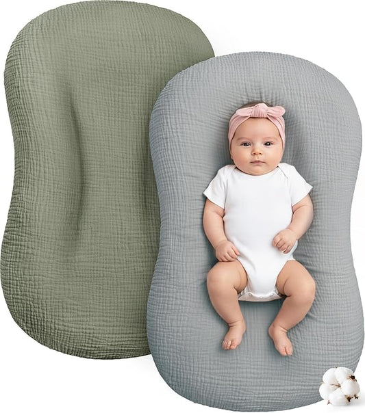 Muslin Baby Lounger Cover 2 Pack, Cotton Soft Breathable Infant Nest Slipcovers, Envelope Closure, Compatible with Snuggle MeLoungers, Machine Washable, Cover Only, for Boys Girls(Gray & Green)
