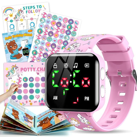 Potty Training Watch & Chart & Book for Kids: Upgrade 3 in 1 Toddler Potty Training Kit Rechargeable Toilet Reminder Unicorn Potty Training Chart with Reward Stickers for Toddler Girls (Pink)