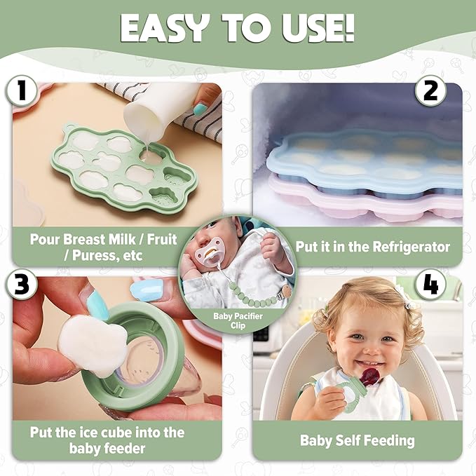 O’doe Silicone Baby Popsicle Molds & 2 Baby Food Feeders with 1 Clip, 2-Pack Freezer Tray with Lid, 10-Hole Popsicle Molds for Teething Relief, Includes 3 Extra Pacifiers, BPA Free (Blue + Green)
