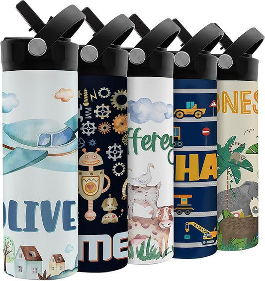Personalized Kids Water Bottle with Straw Lid - 20 oz - 11 Wraparound Designs, Custom Water Bottle for Children, Back to School Gifts - BPA FREE, Double-Wall Insulated, Birthday Gifts - Plane
