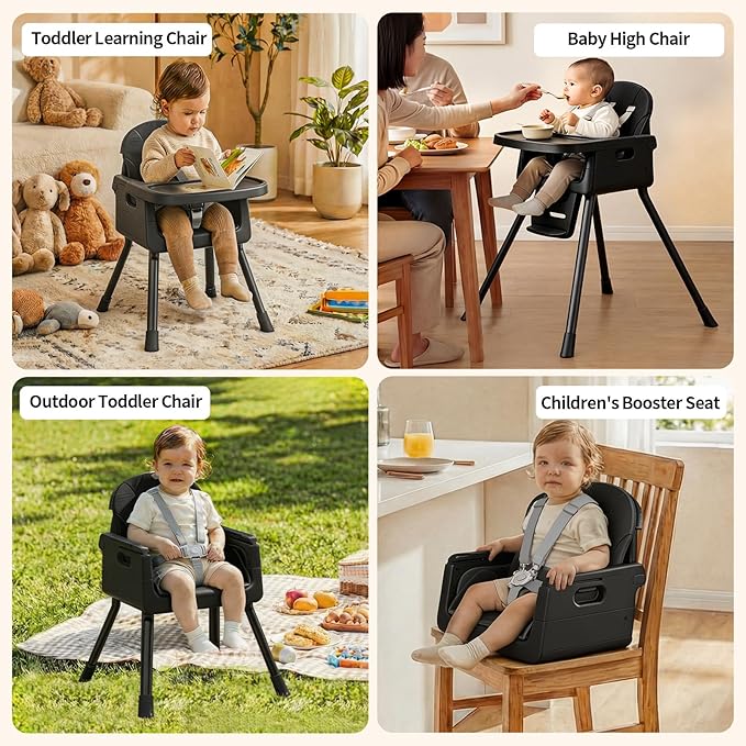 Portable High Chairs for Babies and Toddlers, Convertible Baby Feeding Chair with Tray, Easy Clean High Chair for Toddler with Foot Rest, Infant Highchairs & Booster Seats with Cushion Black