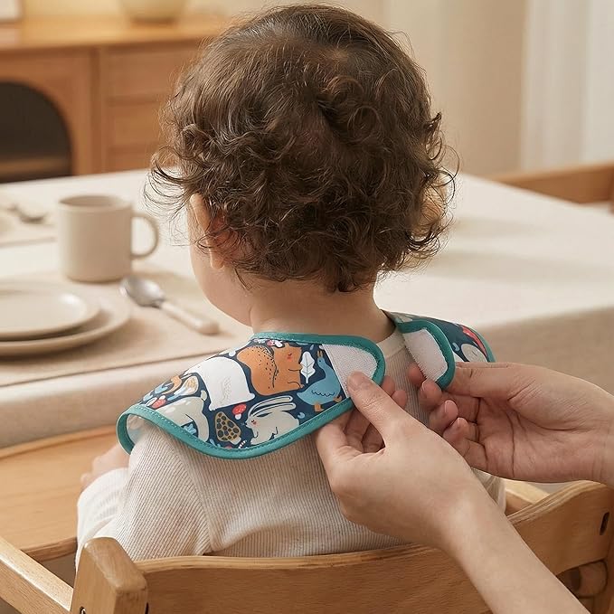 3-Pack Waterproof Baby Bibs for Eating - Mess Proof Lightweight Toddler Feeding Bibs with Large Food Catcher, Food-Grade Baby Eating Essentials, Easy to Put On & Clean(Green Animals)