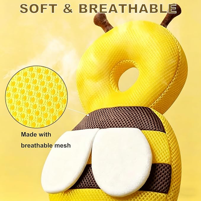 Baby Head Protector Backpack, Soft Breathable Safety Cushion for Walking and Crawling, Unisex Toddler, Yellow Bee