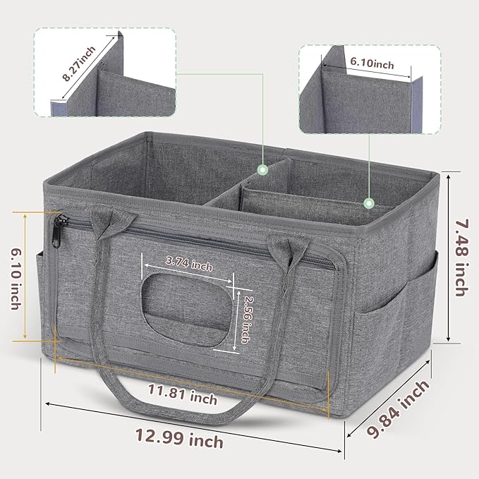 Volnamal Diaper Caddy with Wipe Dispenser One-Handed Access, Premium Diaper Organizer, Portable Car Organizer Nursery Basket for Newborn Essentials, Baby Registry Must Haves for Boys & Girls,Grey