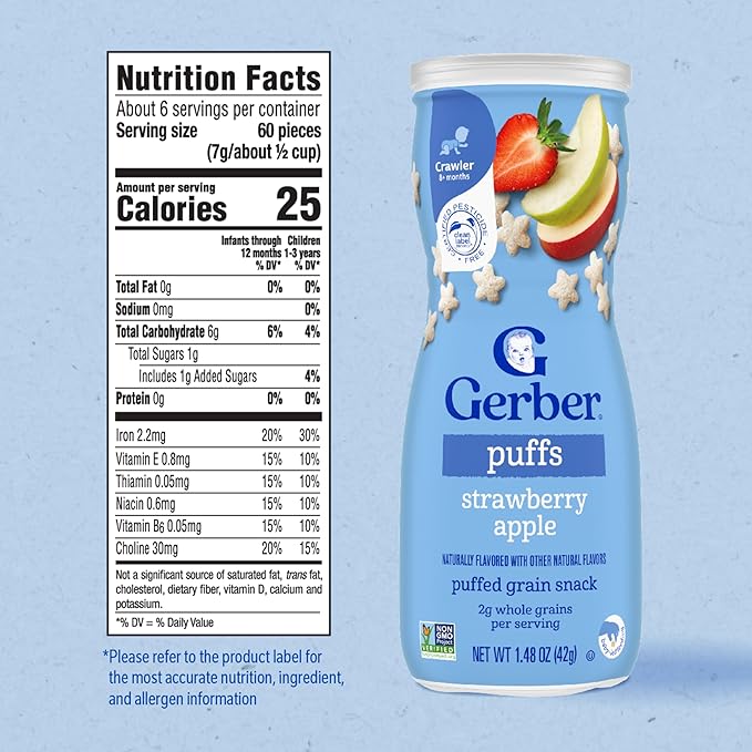 Gerber Stage 3 Baby Snacks, Strawberry Apple Puffs, Puffed Grain Snack, Baby Led Feeding, Iron & Choline, Strawberry Apple Puffs Snacks, 6-Pack