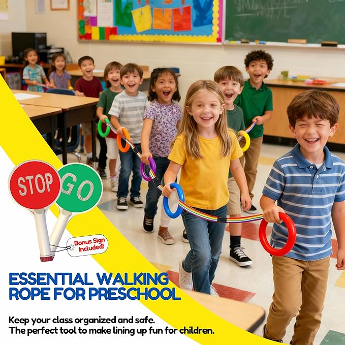16-Ring Colorful Walking Rope for Preschool - Detachable Safety Line Rope with Smiley Textured Rings, with 1 pcs GO/Stop Sign Handheld
