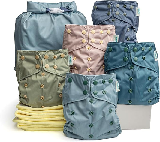 Kinder Cloth Diapers Reusable Baby Diapers Pocket Style Athletic Wicking Jersey, Bamboo Viscose Inserts, Wet Bag, Newborn to Potty Training 7-60lbs, One Size (Coastal Calm, 5 Pack, with Inserts)