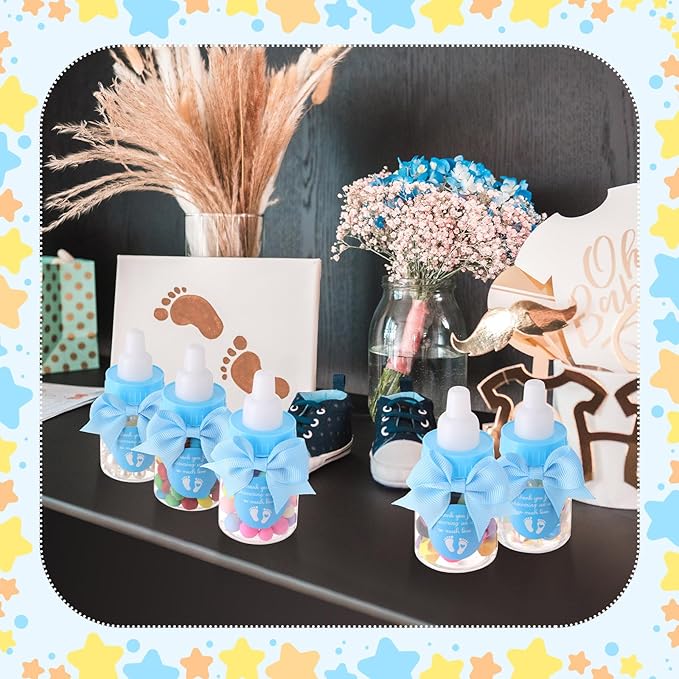 Teenyyou 48 Sets 3.5 Inch Blue Mini Baby Bottles for Baby Shower Party Favor Game Plastic Milk Bottles with Thank You Showering Stickers and Bows Thank You Gifts for Guests Candy Decor