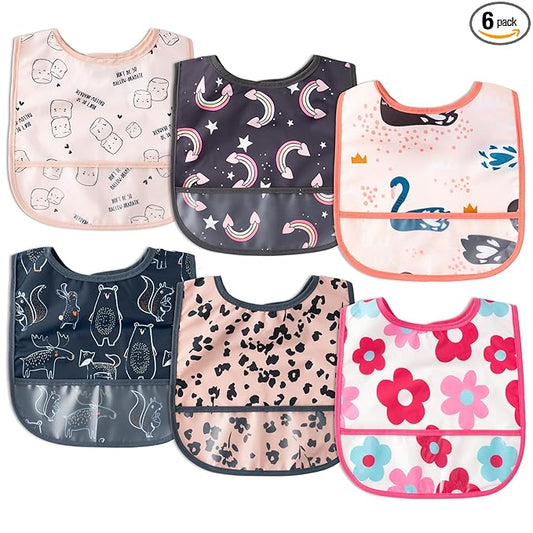 6Pcs Waterproof Toddler Bibs Baby Feeding Bib Set with Crumb Catcher Pocket, Infant Adjustable Baby Teething Bib, Babies Sleeveless Animals Food Bibs Keepsake Gift for Baby Shower, 6-24 Months