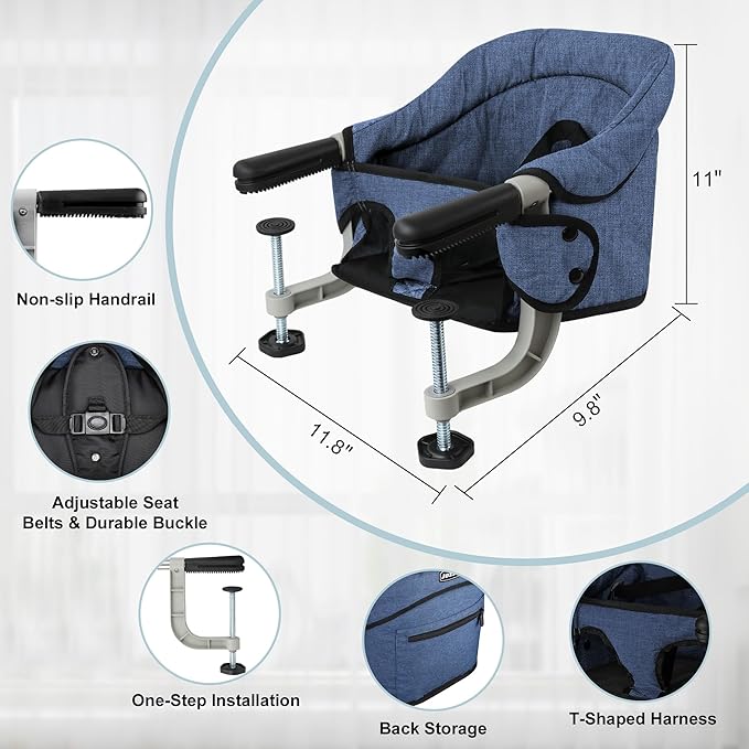 Hook On High Chair, Portable Foldable Clip On Baby Travel High Chair, Lightweight Feeding Seat with Storage Bag, BPA-Free Safety Harness for Home Restaurant (Navy)