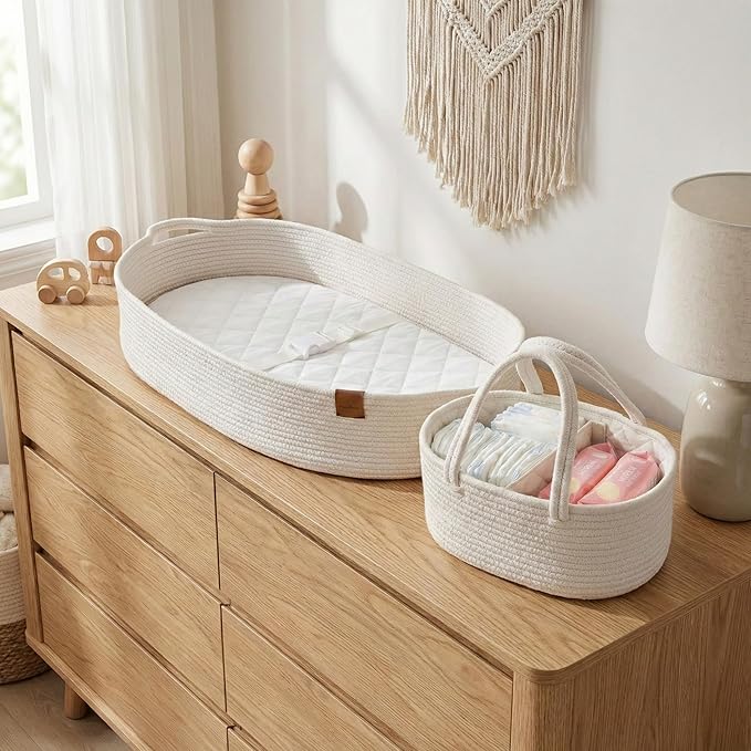 Baby Changing Basket for Baby Dresser, Moses Basket for Babies, Cotton Rope Diaper Changing Basket, Unisex Baby Moses Basket, Foam Diaper Changing Pad for Dresser, Changing Table Topper for Dresser
