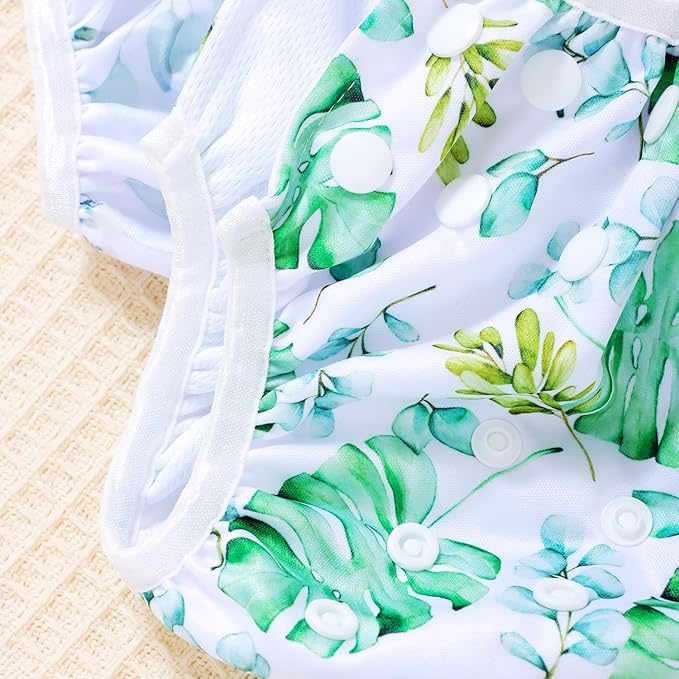 Reusable Swim Diapers for Baby, 3-Pack, Pink Hearts and Animal Prints (3-SW-Leaves)
