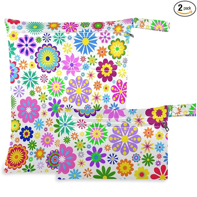 visesunny Colored Little Flower 2Pcs Wet Bag with Zippered Pockets Washable Reusable Roomy for Travel,Beach,Pool,Daycare,Stroller,Diapers,Dirty Gym Clothes, Wet Swimsuits, Toiletries