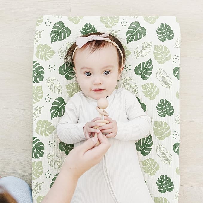 Konssy 2 Pack Muslin Changing Pad Covers for Boys, Ultra Soft & Breathable Cotton Baby Diaper Changing Table Covers, Neutral Nursery Diaper Changing Pad Sheets (Sage Green,Leaf)