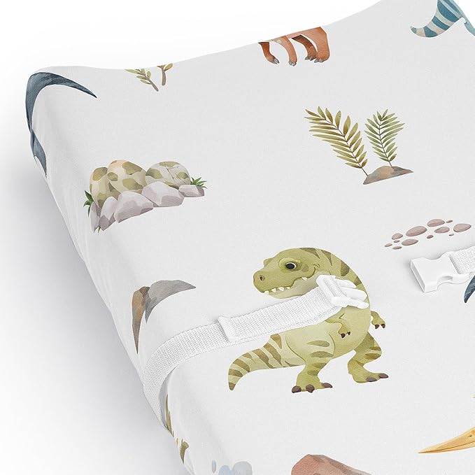 Sweet Jojo Designs Watercolor Dinosaur Dino Boy Baby Changing Pad Cover Sheet Infant Newborn Diaper Table Change Mat Cover Green Slate Blue White Modern Jurassic Nature Animal Steel Turquoise Mustard