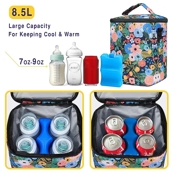 Breastmilk Cooler Bag with Ice Pack Fits 4 Baby Bottles Up To 9 Ounce Insulated Baby Bottle Bag Breast Milk Cooler on the Go with Strap Cooler Bag for Nursing Mom Daycare or Travel