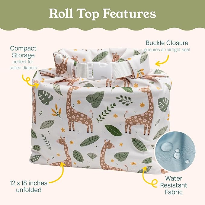 Kinder Set of 2 Water Resistant Wet Bags for Storing Laundry or Cloth Diapers Travel Size Wet Bag Daycare Beach Pool Wet Swimsuit Roll Top for Air Tight Odor Contained Washable Reusable (Giraffes)