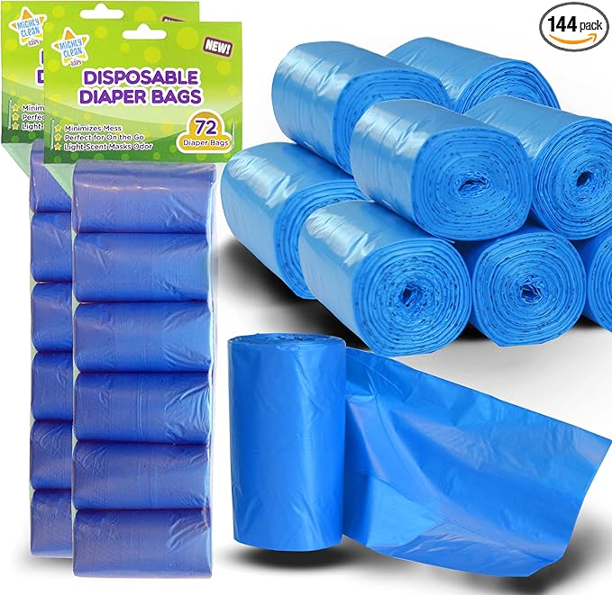 Mighty Clean Baby Disposable Diaper Bag Refill Rolls - Waste Sacks with Light Powder Scent - 144 Count
