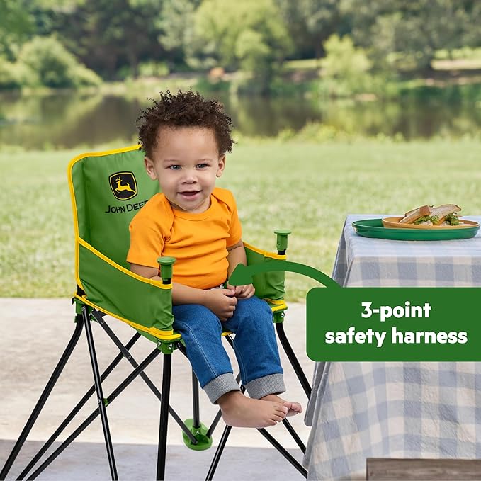 Bright Starts John Deere Pop 'N Dine Portable High Chair, Indoor/Outdoor, Dishwasher Safe Tray, Easy to Fold, Unisex, Green, 6 Months +