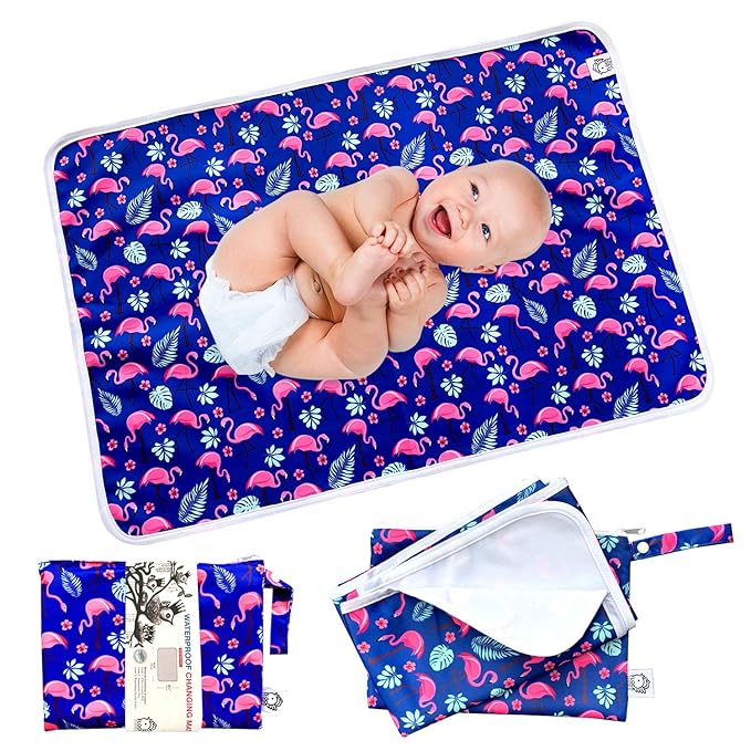 Flockthree Waterproof Baby Diaper Changing Pad with Storage Bag (28.7" X 19.7") Washable Wipeable Reusable Leak Proof Diaper Travel Mat Station Changing Mattress Liner Cribs Bed Cover, Flamingos
