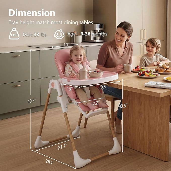 Kinder King Convertible High Chair for Babies & Toddlers, Adjustable Baby Feeding High Chair with Removable Double Tray, Simple Compact Fold for Space-Saving, 2 Built-in Wheels, Easy to Clean