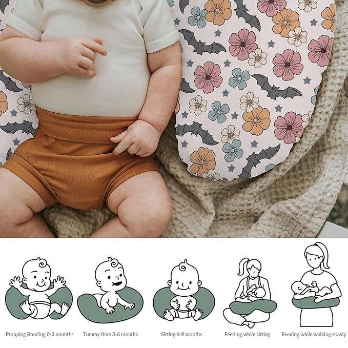 Boho Floral Halloween Bats Baby Nursing Pillow Covers for Boy Girl Vintage Fall Autumn Flowers Nursery Pillowcase for Breastfeeding Pillows Spooky Gothic Soft Stretchy Slipcovers for Newborn Infant