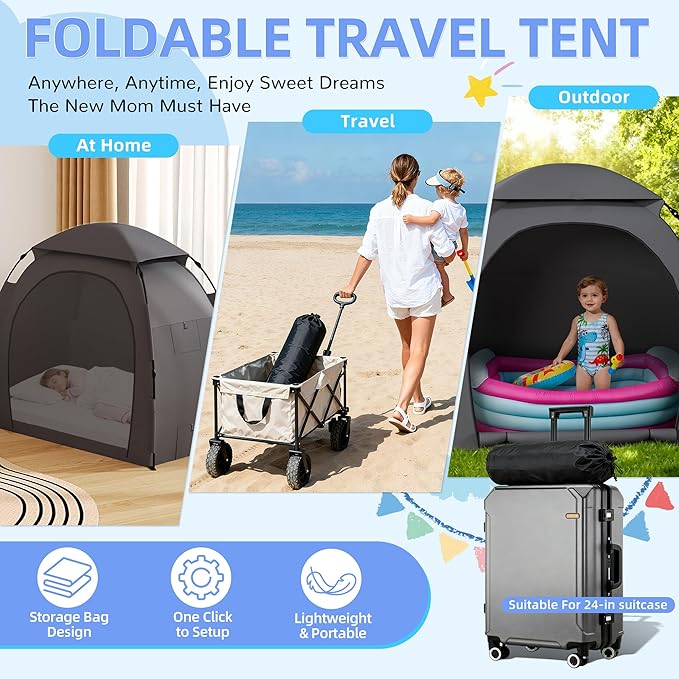 Blackout Tent for Pack and Play, Portable Baby Sleep Pod with 1-Click Set Up, Block 95% Light Breathable Baby Travel Crib Canopy Tent for Babies and Toddlers