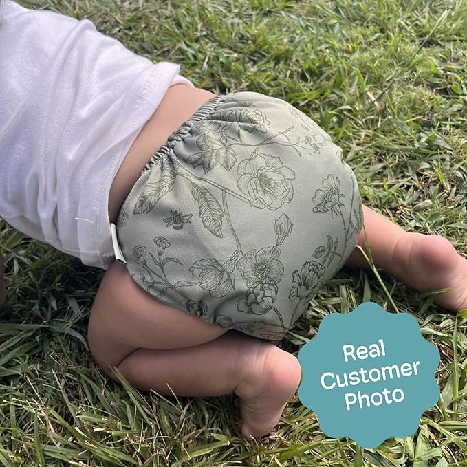 Kinder Cloth Diapers Reusable Baby Diapers Pocket Style Athletic Wicking Jersey, Bamboo Viscose Inserts, Wet Bag, Newborn to Potty Training 7-60lbs, One Size (Tranquil Garden, 5 Pack, with Inserts)