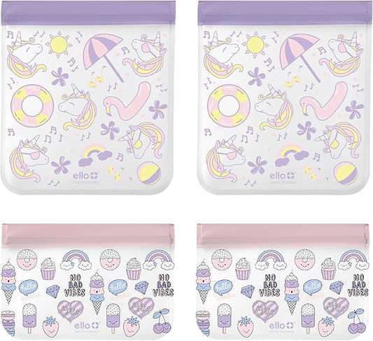 Ello 4 Pack Reusable Food Storage Bags, Resealable BPA-Free, Food-Safe PEVA, Feezer Safe and Leak-Proof