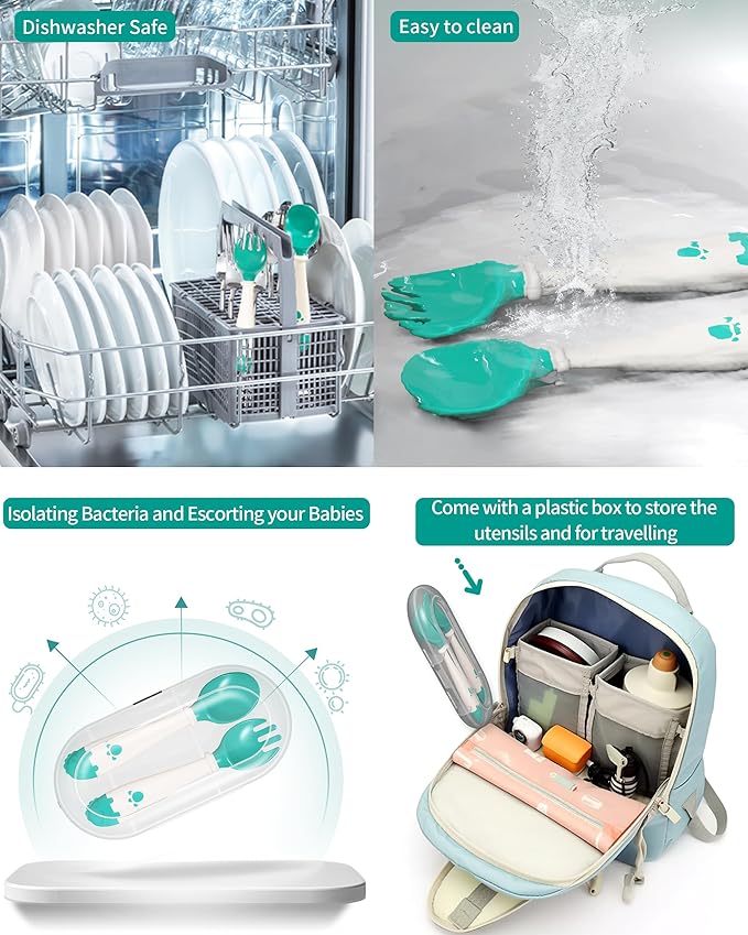 Deejoy Toddler Utensils, Self-feeding Flatware Set withTravel Case, Baby Spoons and Forks with Silicone Bendable Handle, Easy Grip Heat-Resistant, Ideal for Kids, Stage 2 Green