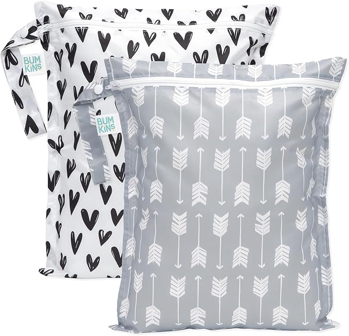 Bumkins - Waterproof Wet Bag - For Baby, Travel, Swim Suit, Cloth Diapers, Pump Parts, Pool, Gym, Toiletry, Strap to Stroller - Reusable & Easy to Clean - 2pk - Arrows & Hearts