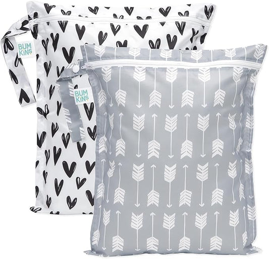 Bumkins - Waterproof Wet Bag - For Baby, Travel, Swim Suit, Cloth Diapers, Pump Parts, Pool, Gym, Toiletry, Strap to Stroller - Reusable & Easy to Clean - 2pk - Arrows & Hearts
