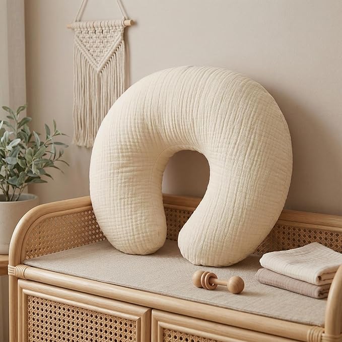 Pro Goleem Muslin Nursing Pillow Cover, 100% Cotton Soft Breathable Feeding Pillow Slipcover for Breastfeeding Moms, Fits Standard Infant Nursing Pillow, for Boys and Girls, 2 Pack (Brown＆Beige)