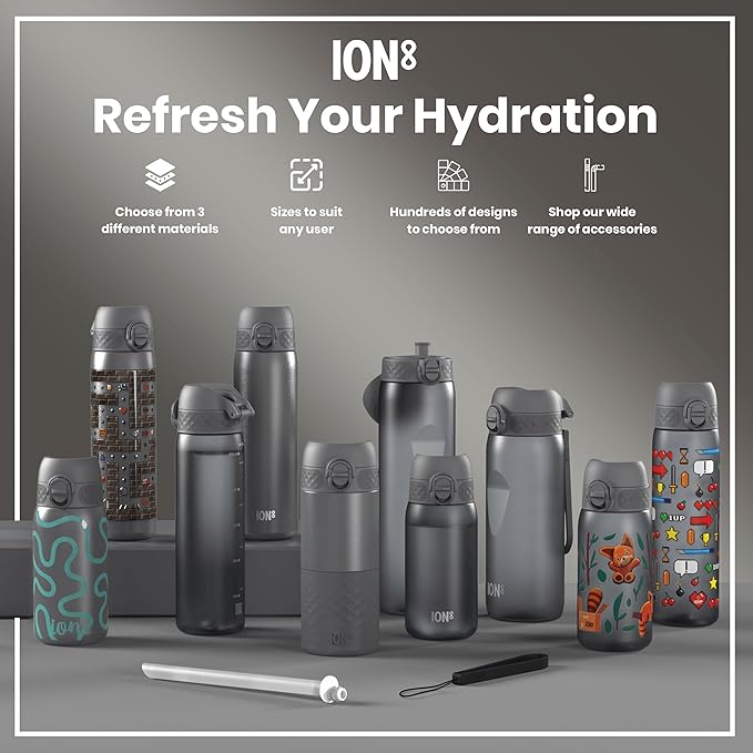 Ion8 Water Bottle, 500 ml/18 oz, Leak Proof, Easy to Open, Secure Lock, Dishwasher Safe, BPA Free, Hygienic Flip Cover, Carry Handle, Fits Cup Holders, Easy Clean, Odor Free, Carbon Neutral, Grey