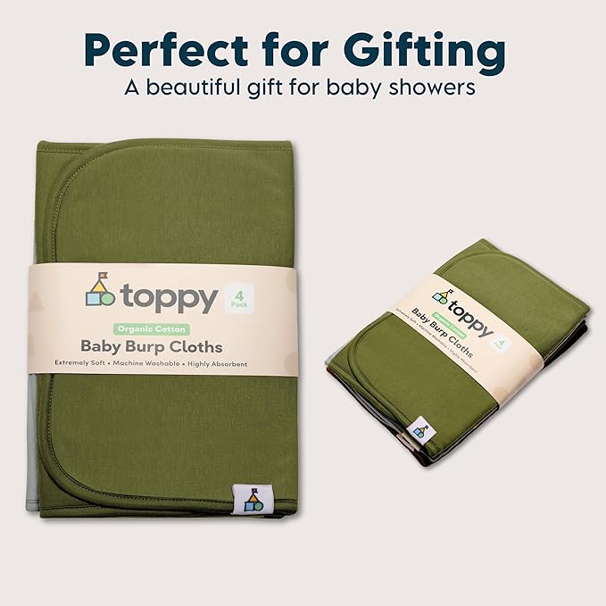 Toppy Organic Cotton Burp Cloths | Soft and Absorbent | Baby Infant Boys and Girls | Large - 21" x 10"